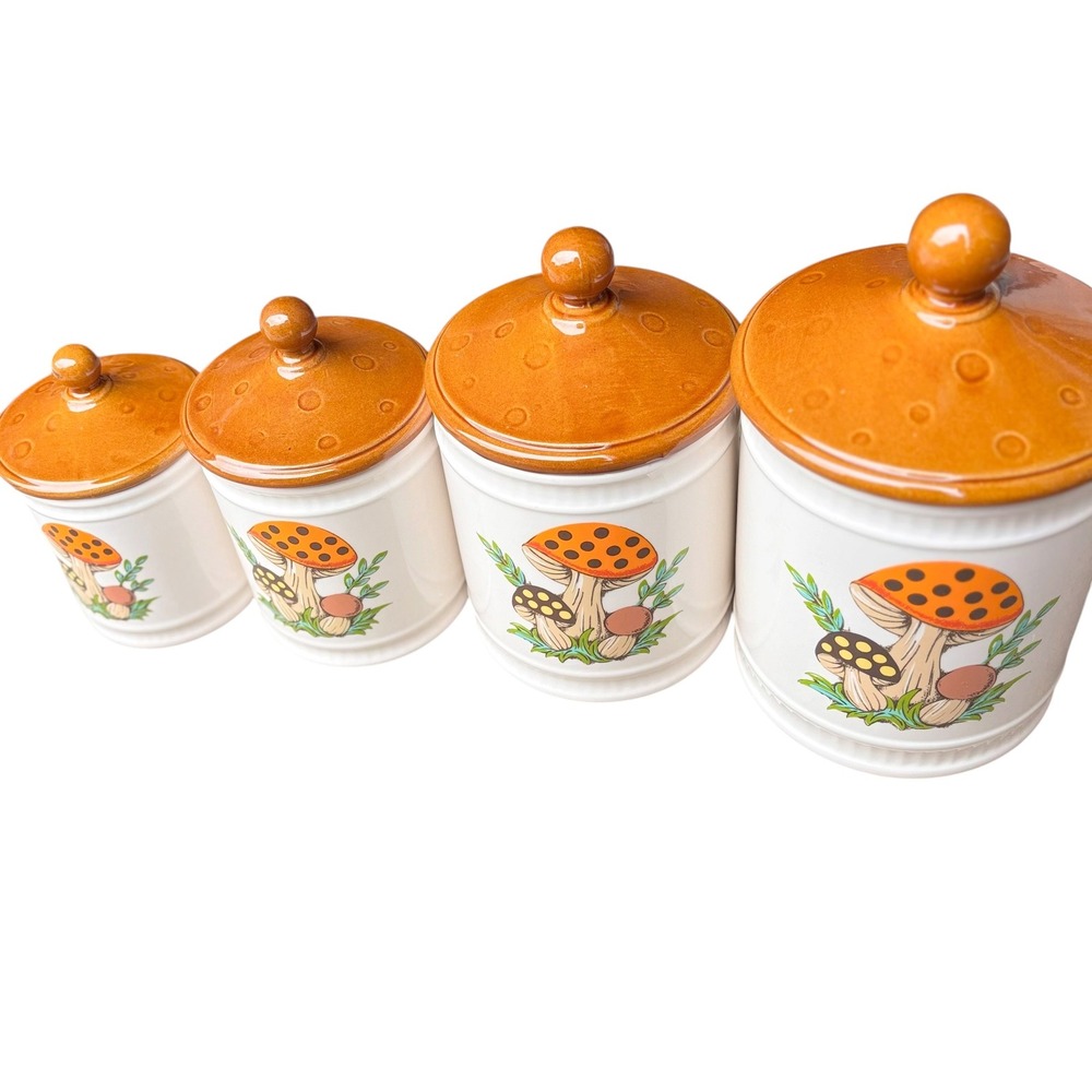 Vintage Sears Roebuck Merry Mushroom ceramic Canister Set 4pc Retro 82' w/box